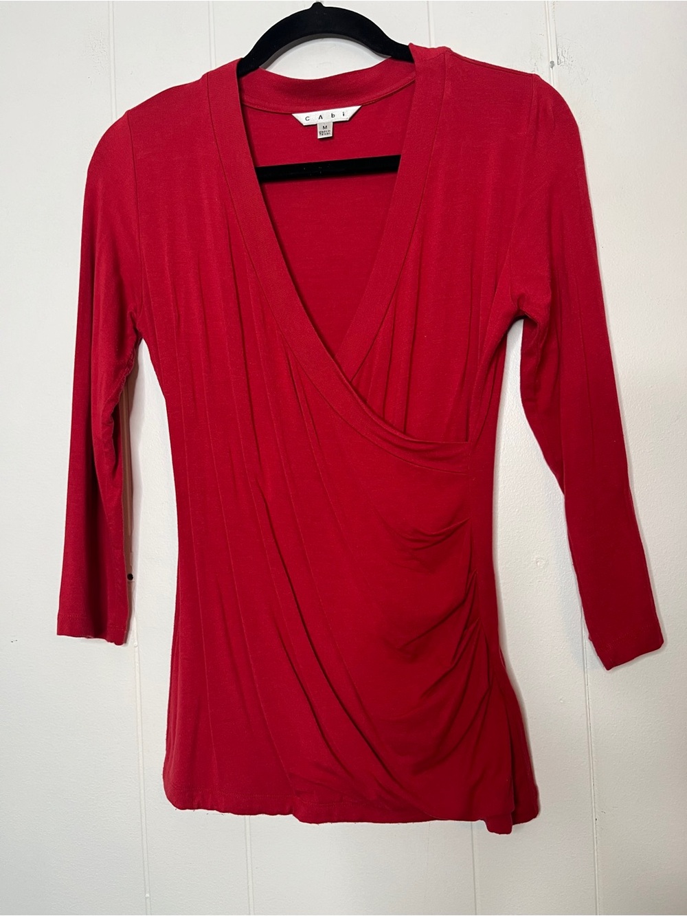 CAbi Red Draped Surplice 3/4 Sleeve Top Fitted Stretch Jersey Knit Size M